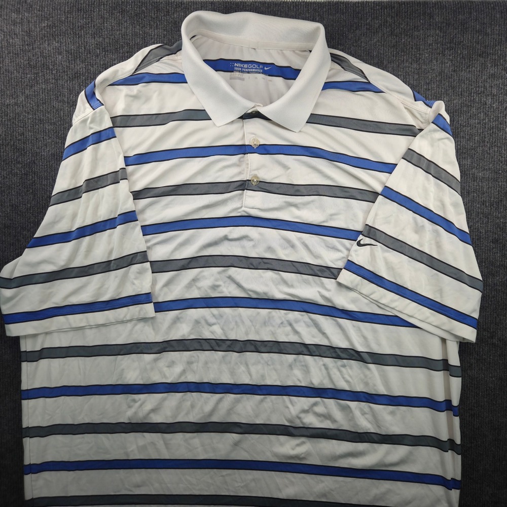 Nike Golf Tour Performance Dri-FIT Striped Polo Shirt Mens XXL White Blue Grey